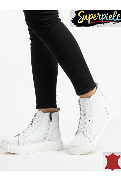 starlike Women's white genuine leather boots with zipper and laces