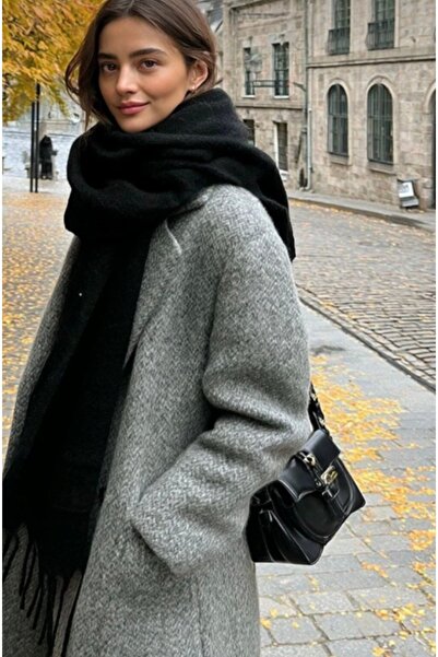 ZERAMİNE Μαύρο γυναικείο χειμωνιάτικο κασκόλ με φούντες |   Χοντρό σάλι με απαλή υφή - Απαλό μαντήλι μπουκλέτας - Μοντέλο ζυμαρικών