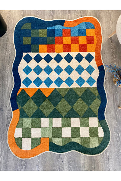 Rugs Modern Halı MOSSO Yeşil Tema Ekoseli Geometrik Desen Dokuma Taban Dekora...