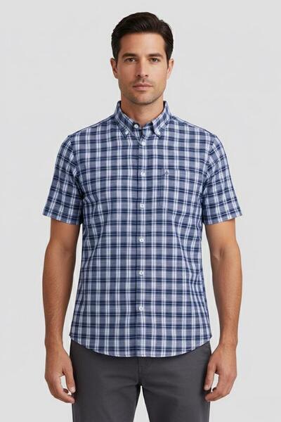 Sabri Özel Kısa Kollu Ekose Desenli Pamuk Gömlek Lacivert