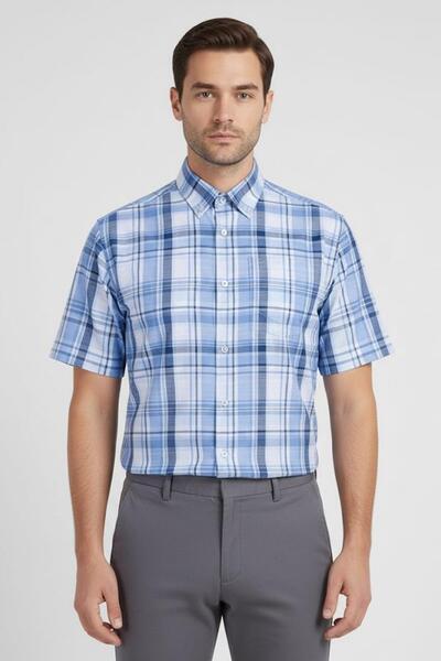Sabri Özel Kısa Kollu Ekose Desenli Pamuk Gömlek Mavi