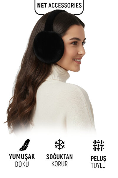 Net Tekstil Black Folding Plush Furry Warm Winter Earmuffs