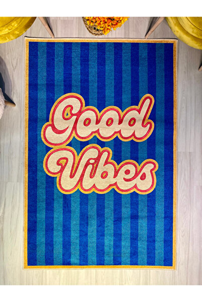 Rugs Modern Halı MOSSO Retro Çok Renkli Good Vibes Yazı Detaylı Dokuma Taban ...