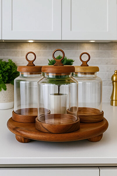 Kezze 3'lü Akasya Kapaklı Dekoratif Şık Baharatlık Düzen ve Şıklık