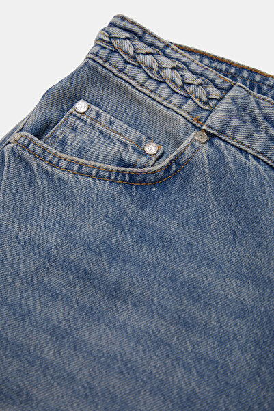 W Collection MAVİ KEMER ÖRGÜ DETAYLI JEAN PANTOLON