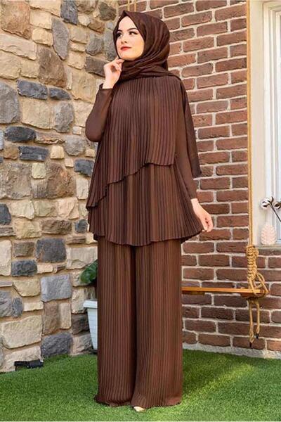 TRENDTESETTÜR KADIN KAHVE ASİMETRİK KESİM PİLİSELİ TUNİK 3632