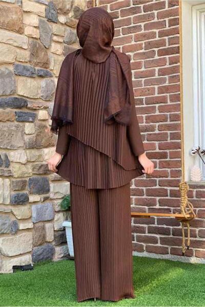 TRENDTESETTÜR KADIN KAHVE ASİMETRİK KESİM PİLİSELİ TUNİK 3632