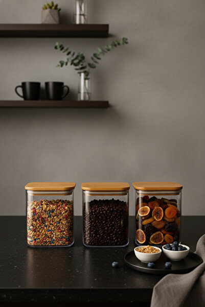 Fhilli Maxi - 3-Piece Bamboo Vacuum Lid Plastic Grain Food Storage Container 1130 ml