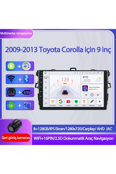 SBAİD 2009-2013 Toyota Corolla Uyumlu 8+128GB, 9 inç Destekli, Kameralı Multi...