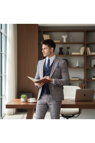 Frappoli Сlim Fit сіро-бордовий картатий однотонний костюм з моно коміром, дв...