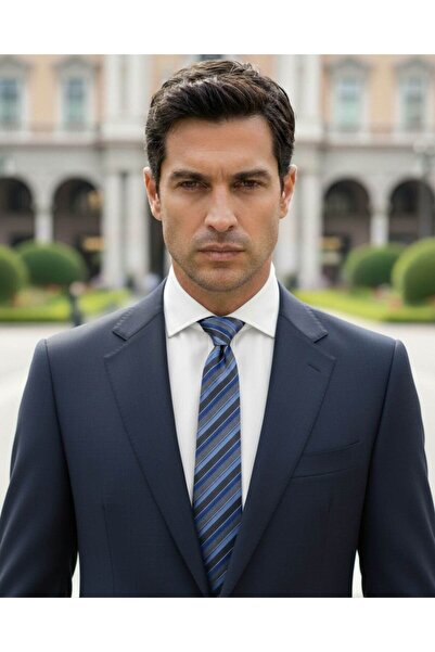 1001 Kravat ربطة عنق حريرية مخططة باللون الأزرق والرمادي بعرض 7.5 سم