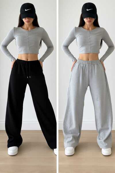 modlux KIŞLIK Eşofman Altı 2 Li Siyah-Gri Kadın Baggy Büyük Beden Spor Giyim ...