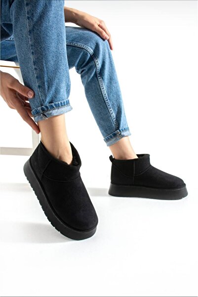 Moda Devrin Čierne semišové čižmy s hrubou podrážkou a vlnenou podšívkou