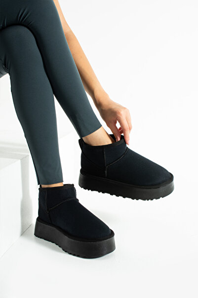 Moda Devrin Čierne semišové čižmy s hrubou podrážkou a vlnenou podšívkou