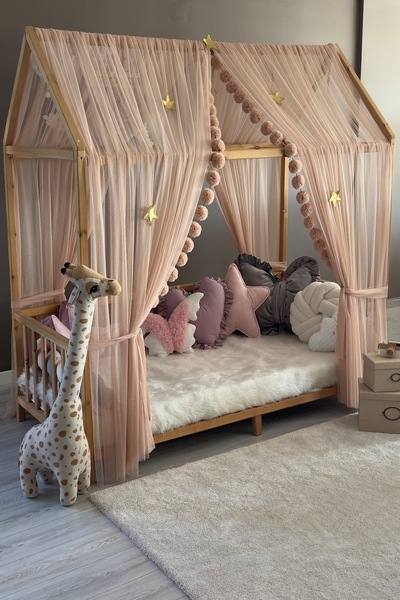 Miniden Açık Pudra Çift Perdeli Montessori Yatak Cibinliği Montessori Cibinlik