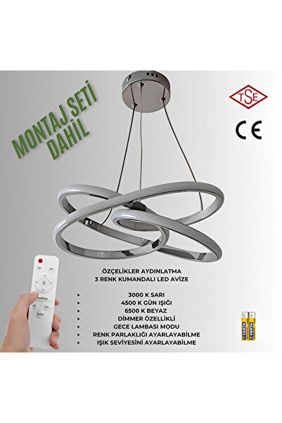 ÖZÇELİKLER Kumandalı 3 Renk Işıklı Lüks Led Avize Krom Gövde Yüksek Lümen Salon Oda Yatak Odası Mutfak  Antre