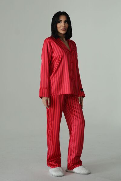 COCCOLARSI Strisce Rosse Bordeaux Saten Uzun Pijama Takımı (Geniş Beden Aralığı)