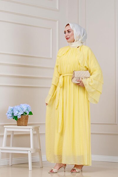 Sevitli Fırfır Detaylı Lora Elbise-Sarı