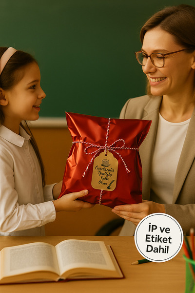 Dekals Öğretmenler Günü 30x45 Hazır Metalize Kırmızı Hediye Poşeti ( 1 Metre İp+ Poşet+ Kart) (Sadece Set)