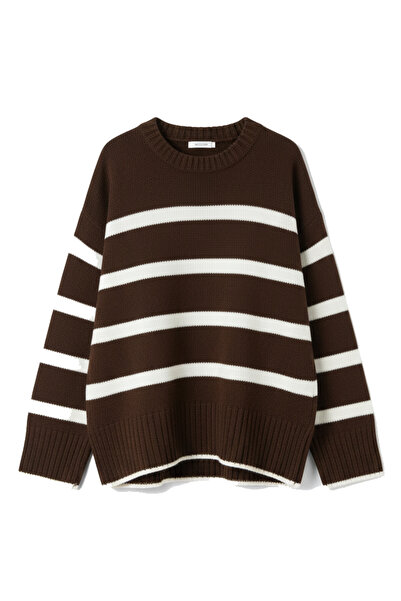 studio fashion 1988 Kadın Kahve Beyaz Çizgili Bisiklet Yaka Yumuşak Oversize ...