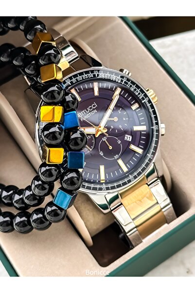 Ferrucci GÜMÜŞ SARI Çelik Kordon, LACİVERT Kadran, Fonksiyonları Aktif, Takvimli Erkek Kol Saati+Bileklik