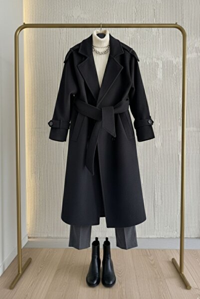 Paragon Women's Black Hijab Cashmere Coat Long Winter Belted Stylish Overcoat Jacket