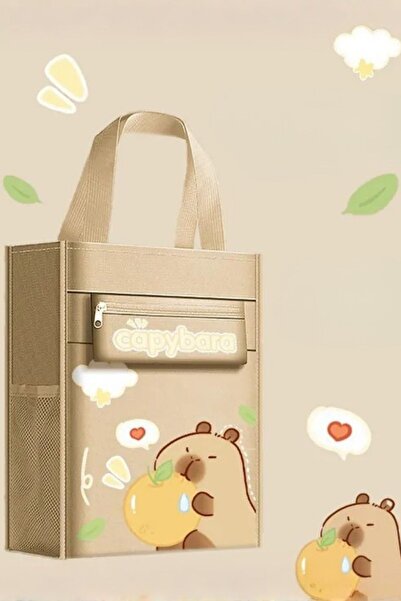 Ecrou Cute Capybara Printed Waterproof Fabric, Large Capacity Beige Cloth Bag