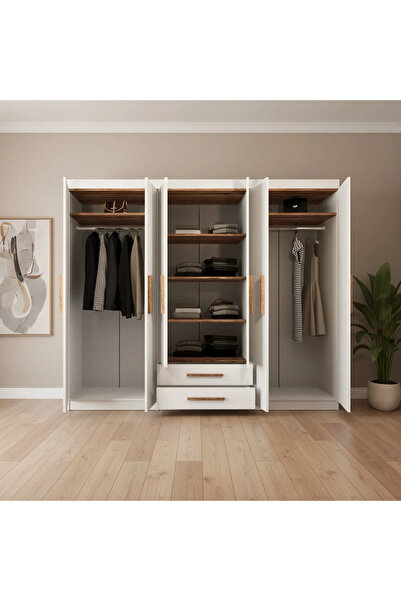 Stylish Home 6-door wardrobe and closet, white and brown - DLB03