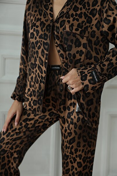 COCCOLARSI Fascino Del Leopardo Floş Saten Uzun Pijama Takımı