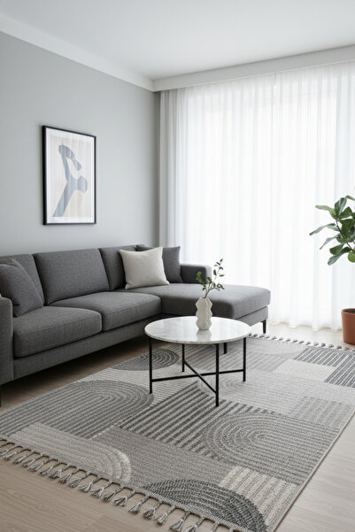 Rose'n Home Oslo T03 - Gri Yumuşak Bukle Dokuma Geometrik Salon Koridor Mutfak Halısı