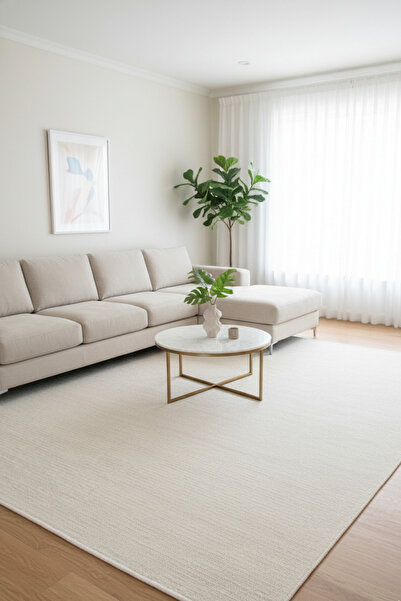 Rose'n Home Şönil Pandora Krem Makinede Yıkanabilir Sade Desenli Salon Koridor Mutfak Şönil Dokuma Halı