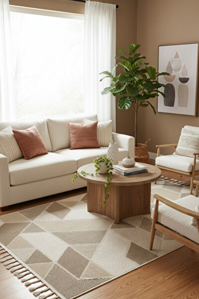 Rose'n Home Oslo 5004-T Kahve Yumuşak Bukle Dokuma Geometrik Salon Koridor Mutfak Halısı