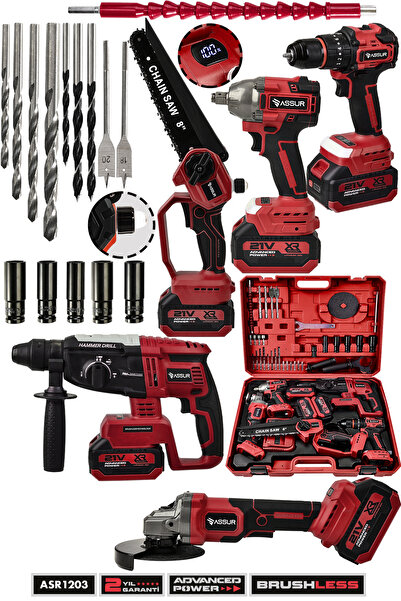 ASSUR 21V Darbeli Kömürsüz 5'li Set Kırıcı Delici Hilti - Somun Sıkma Sökme - Testere - Matkap Vidalama