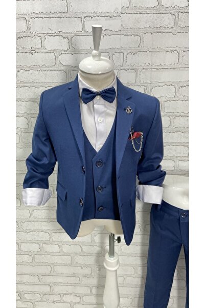 HAYTA 9-14 Years Indigo Children's Suit and Shirt Set with Vest