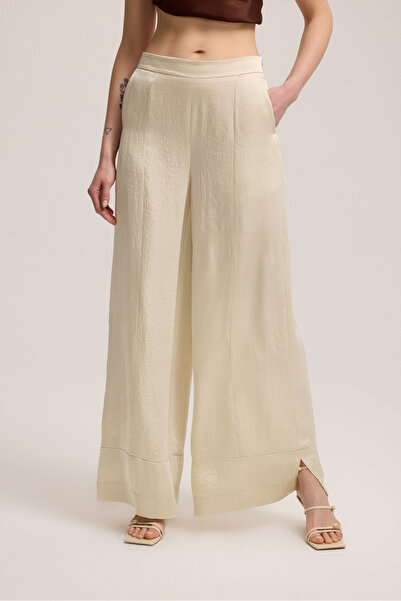 BAQA Stone Embroidered Light Beige Wide Leg Trousers