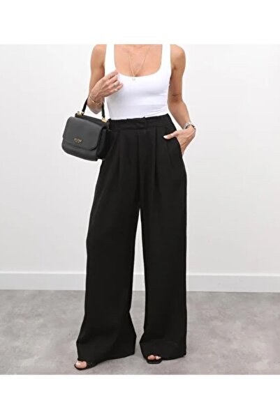 Maldia Shop Women's Elastic Waist Pleated Detail Black Linen Palazzo Trousers