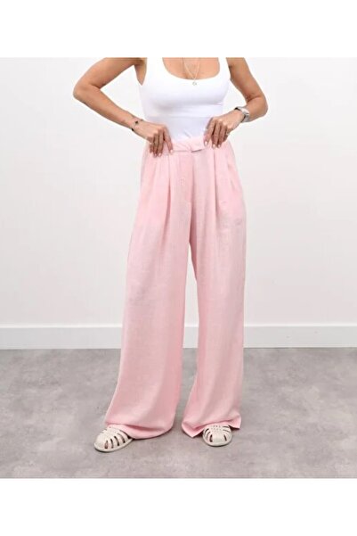 Maldia Shop Women's Elastic Waist Pleated Detail Pink Linen Palazzo Trousers