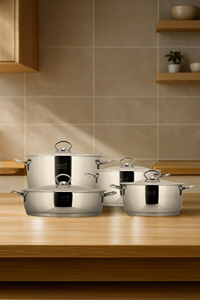 ALSAIF Turkish Stainless Steel 18/10 Cookware Set 8 Pieces Size 16/20/24/28 CM Silver