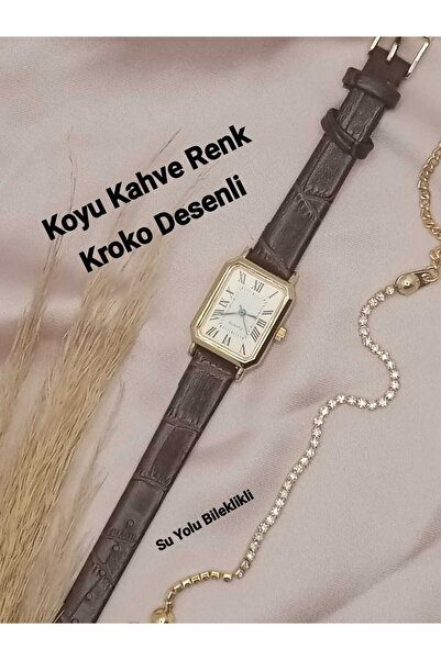 QUARTZ Retro Dikdörtgen Roma Rakamlı Koyu Kahve Kordon Kadın Kol Saati bb0056