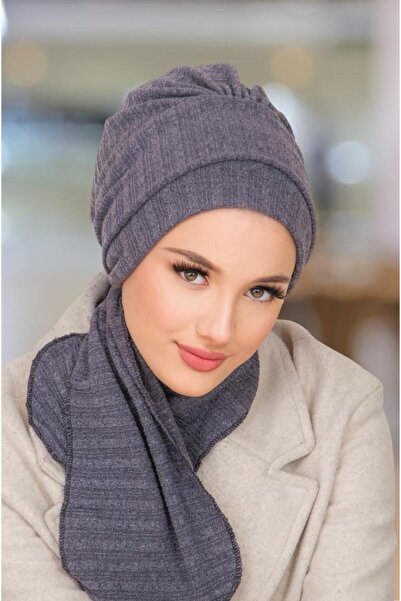 Aişe tesettür Koyu Gri Triko Atkılı Tesettür Bone