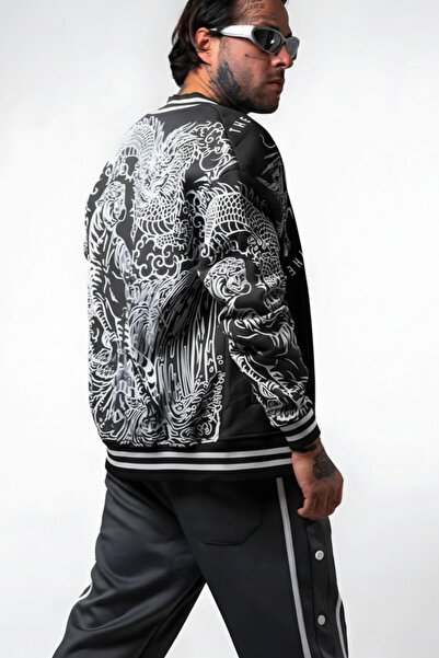 The Champ Clothing Men's College Coat Dragon Spirit Printed Black – Snap Closure, 3 Thread Sh Fleece-Lined Fleece