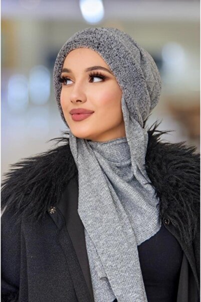 Aişe tesettür Şal de blană gri Fluture Bone