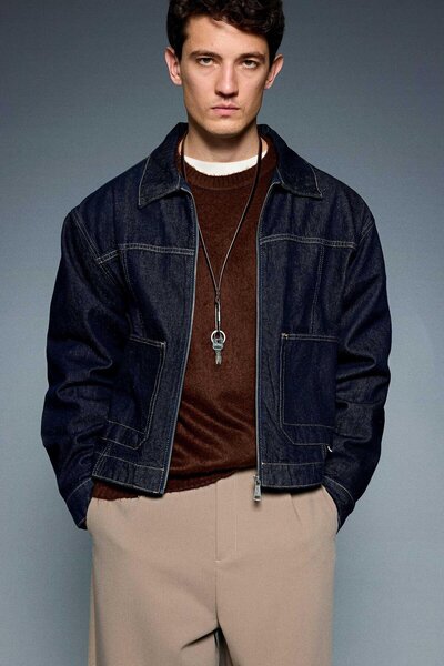 ablukaonline Men's Oversized Zippered Denim Jacket Navy Blue