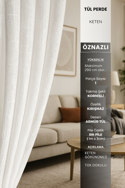 Perlife Gold ® Linen Armure Tulle Curtain – Textured – Heavily Pleated | Measure Your Full Height and Write It to the Seller as a Question!