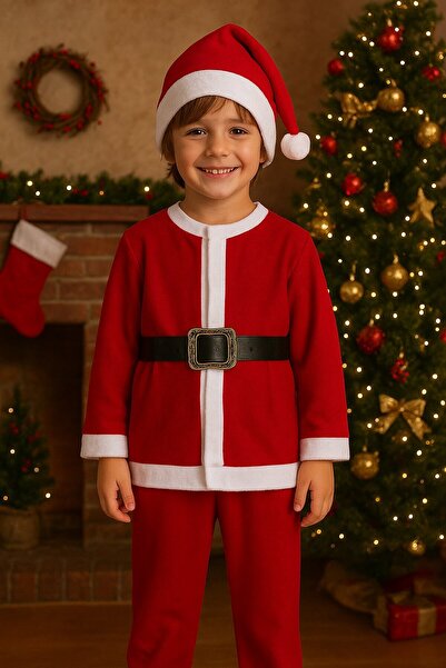 Cansın Mini Red Boy's Belted Hat Christmas Themed Suit 23325