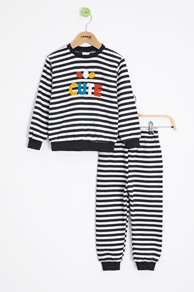 Cansın Mini Smoked Boys' Cute Embroidered Striped Fleece-Lined Tracksuit Set 23312