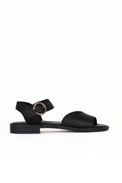 Bueno Shoes Μαύρα δερμάτινα γυναικεία φλατ σανδάλια 01we2802