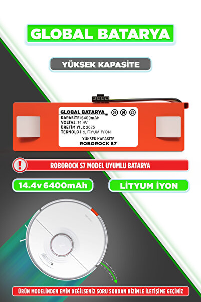 GLOBAL BATARYA Roborock S7 Uyumlu Akıllı Robot Süpürge Bataryası 14.4v 6400ma...