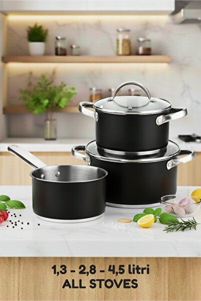 Bergner Pot Set With Lids 5 Pcs Stainless Steel Induction cookware Dishwasher safe Ronda Black