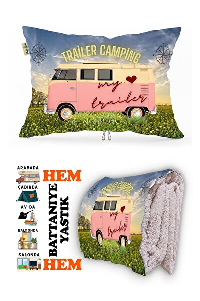 CAİSYA Karavan Camping-2 Baskılı Tv Battaniyeli Opsiyonel Dekoratif Yastık Ba...